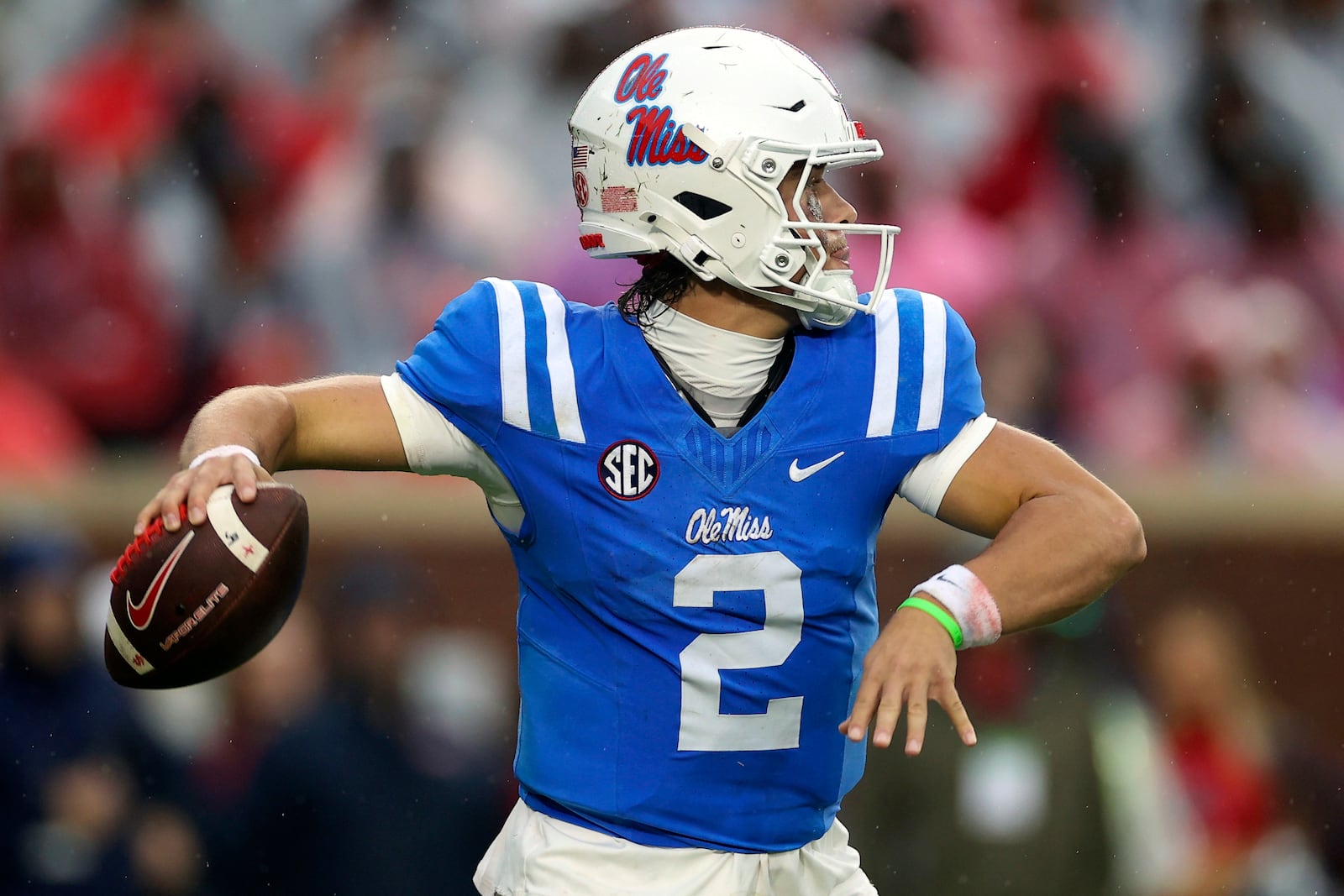 Mississippi quarterback Jaxson Dart (2) throws a pass during the first half of an NCAA college football game against Georgia, Saturday, Nov. 9, 2024, in Oxford, Miss. (AP Photo/Randy J. Williams)