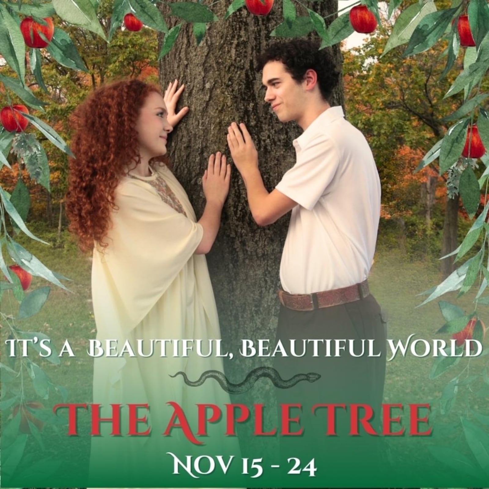 Emma Kopec (Eve) and Danny Dobbins (Adam) in Wright State University's production of "The Apple Tree." PHOTO BY WRIGHT STATE THEATRE