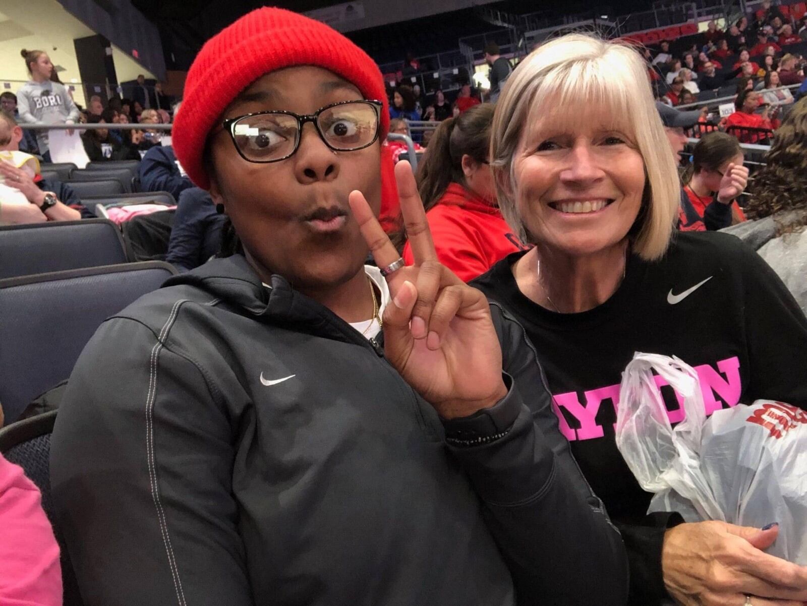 Former UD Flyers women;s player, JaVonna Layfield (left) and Pam Fortener struck a special bond. Pam speaks to the Flyers women's team every few years about her daughter and the importance of early detection with breast cancer. Pam and her husband Donny are also big fans of the UD women's team. Pam reached out to Layfield after the sudden death of UD men's player Steve McElvene, who was Layfield's good friend. CONTRIBUTED