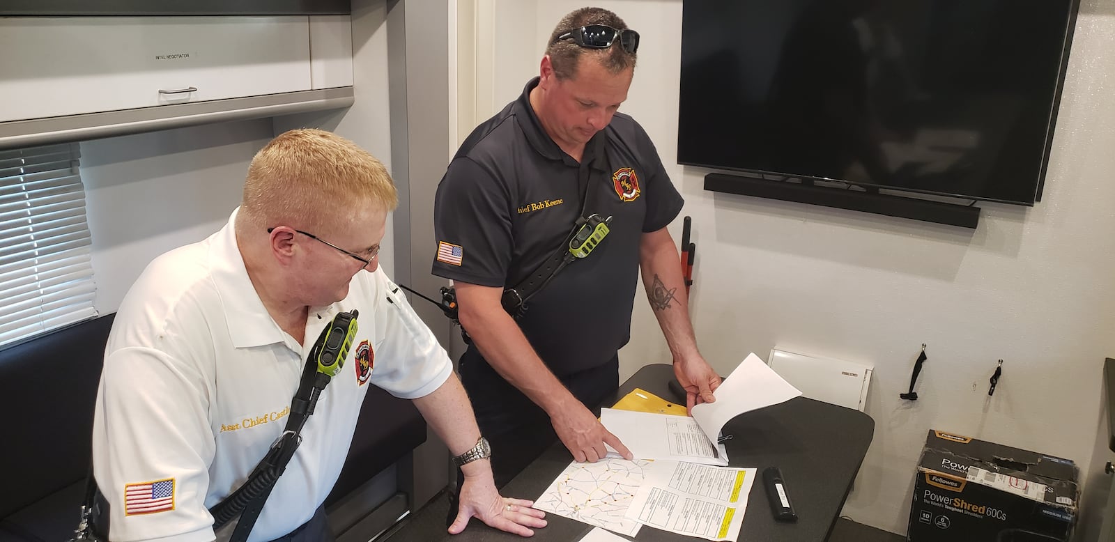 Mechanicsburg Fire Chief Robert Keene (right) along with Assistant Fire Chief/EMS Coordinator Steve Castle (left) discuss onsite staffing assignments along with the various tactical strategies that will be utilized during the Sept.16 Luke Bryan performance at Springfork farm. (CONTRIBUTED)