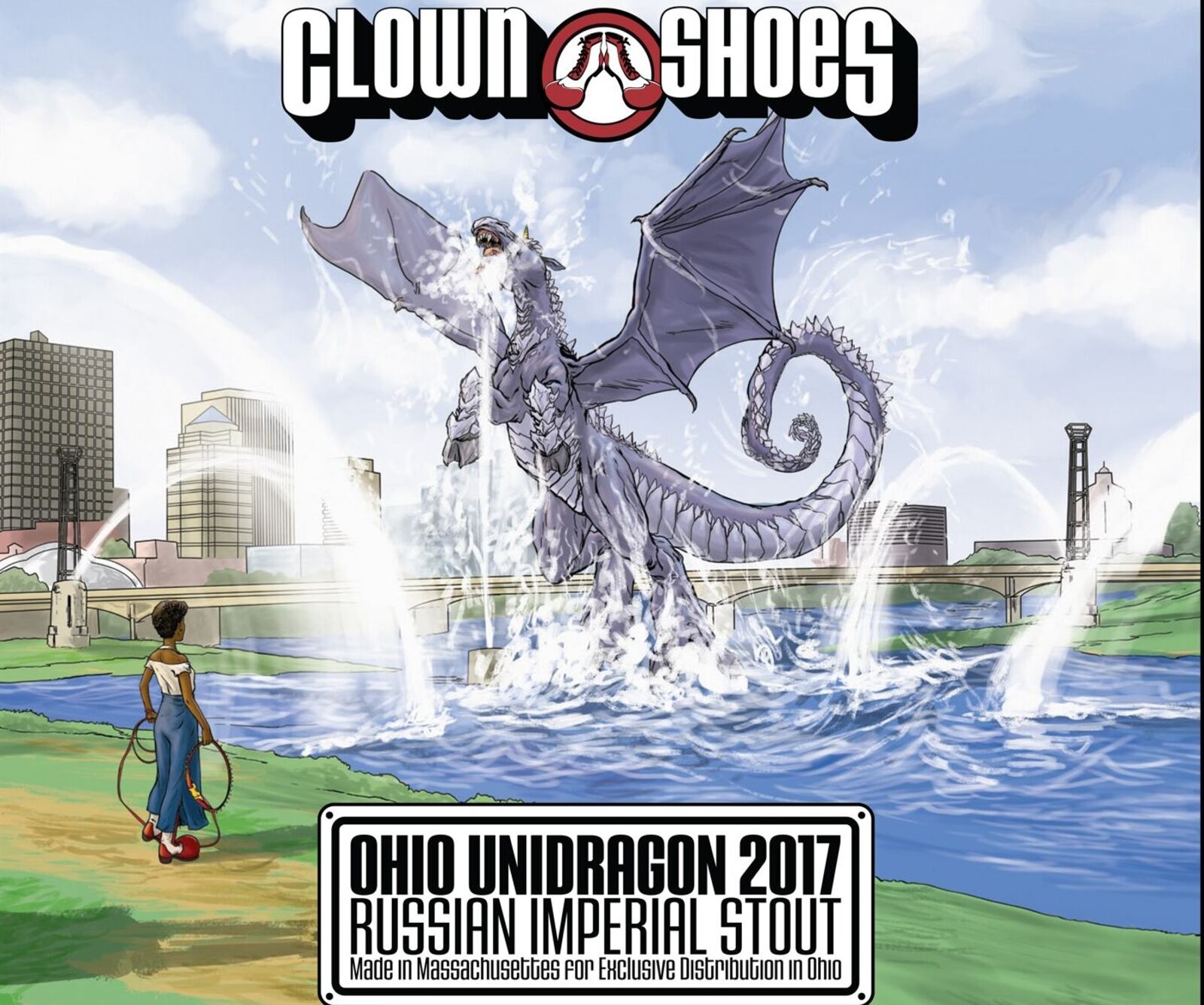 Dayton Riverscape fountains, the Great Miami River and the Dayton skyline appear on this Clown Shoes beer label. CONTRIBUTED