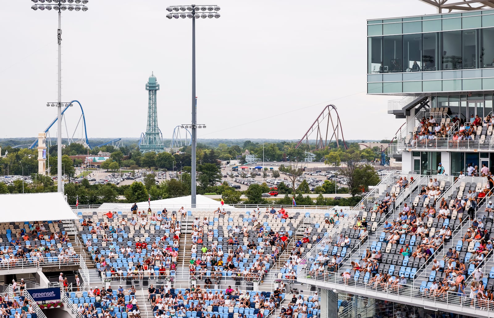 Kings Island is visible in the background from center court at Cincinnati Open tennis tournament Thursday, Aug. 15, 2024 at Lindner Family Tennis Center in Mason. 