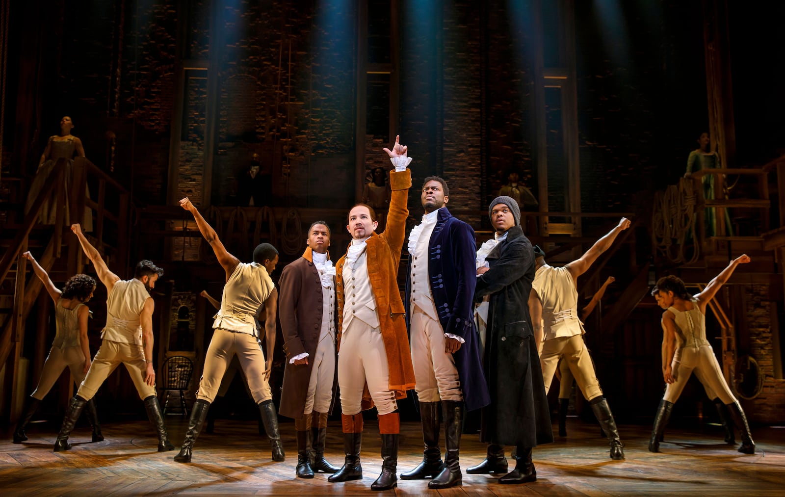 (left to right) Elijah Malcomb, Joseph Morales, Kyle Sutcliffe, Fergie L. Phillippe, and the cast of "Hamilton."