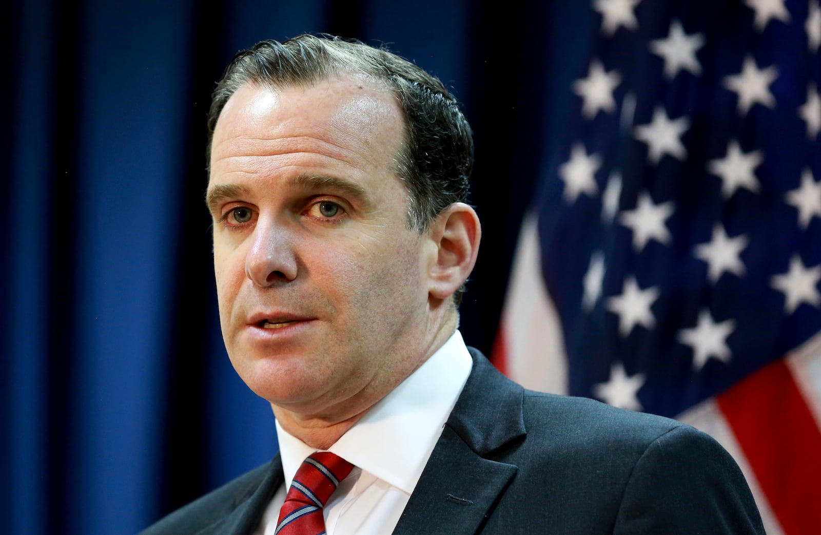 FILE - In this June 7, 2017, file photo, Brett McGurk, the U.S. envoy for the global coalition against IS, speaks during a news conference at the U.S. Embassy Baghdad, Iraq. (AP Photo/Hadi Mizban, File)