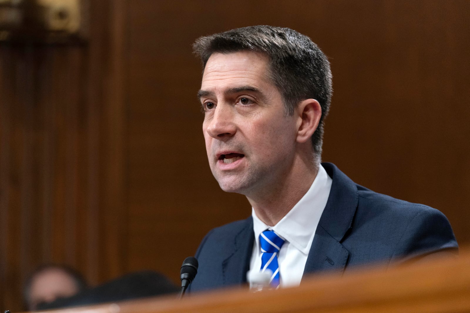 Sen. Tom Cotton, R-Ark., questions former Governor Doug Burgum, President-elect Donald Trump's choice to lead the the Interior Department as Secretary of the Interior during the Senate Energy and Natural Resources Committee hearing on Capitol Hill in Washington, Thursday, Jan. 16, 2025. (AP Photo/Jose Luis Magana)