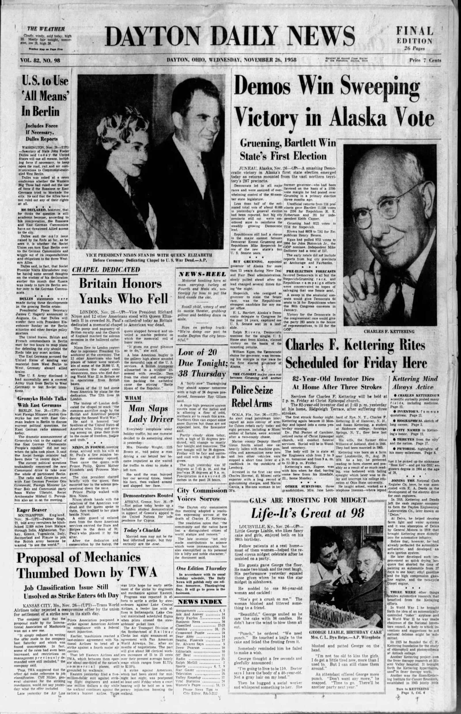 November 26, 1958:  The front page of the Dayton Daily News covering the death of Charles Kettering.