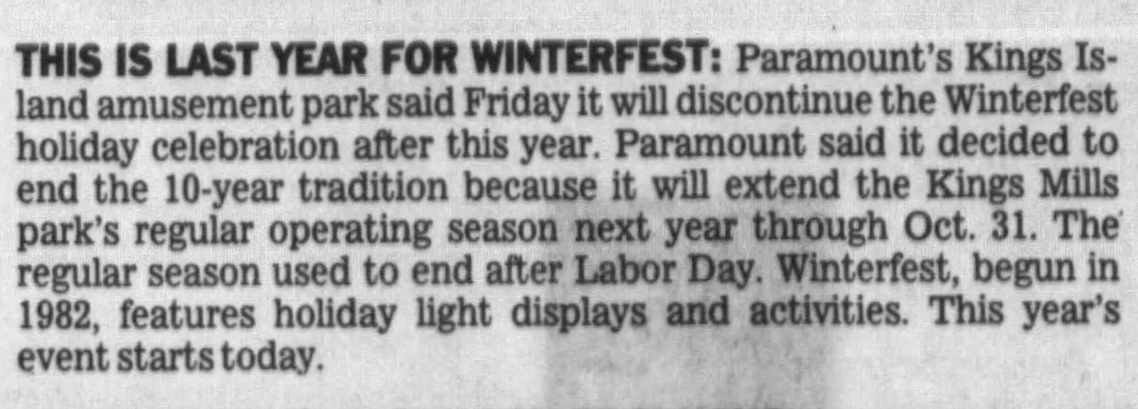 A Dayton Daily News Article from November 1992 announcing the end of Kings Island's Winterfest event. Contributed