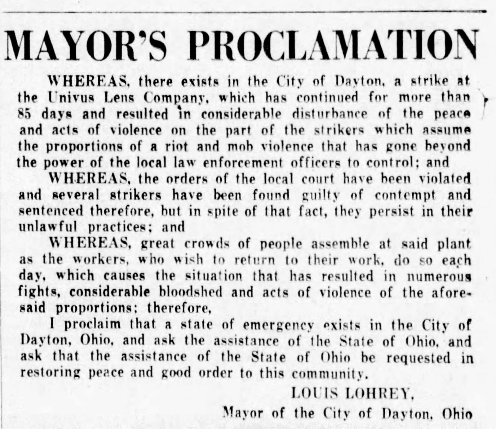 Mayor Louis Lohrey called for National Guard intervention during the Univis Lens strike of 1948. DAYTON DAILY NEWS ARCHIVES.