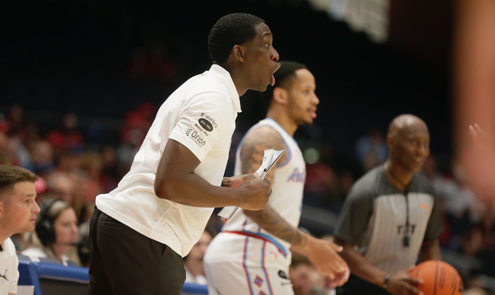 The Red Scare's Jeremiah Bonsu coaches during a game against CitiTeam in the first round of The Basketball Tournament on Sunday, July 24, 2022, at UD Arena. David Jablonski/Staff