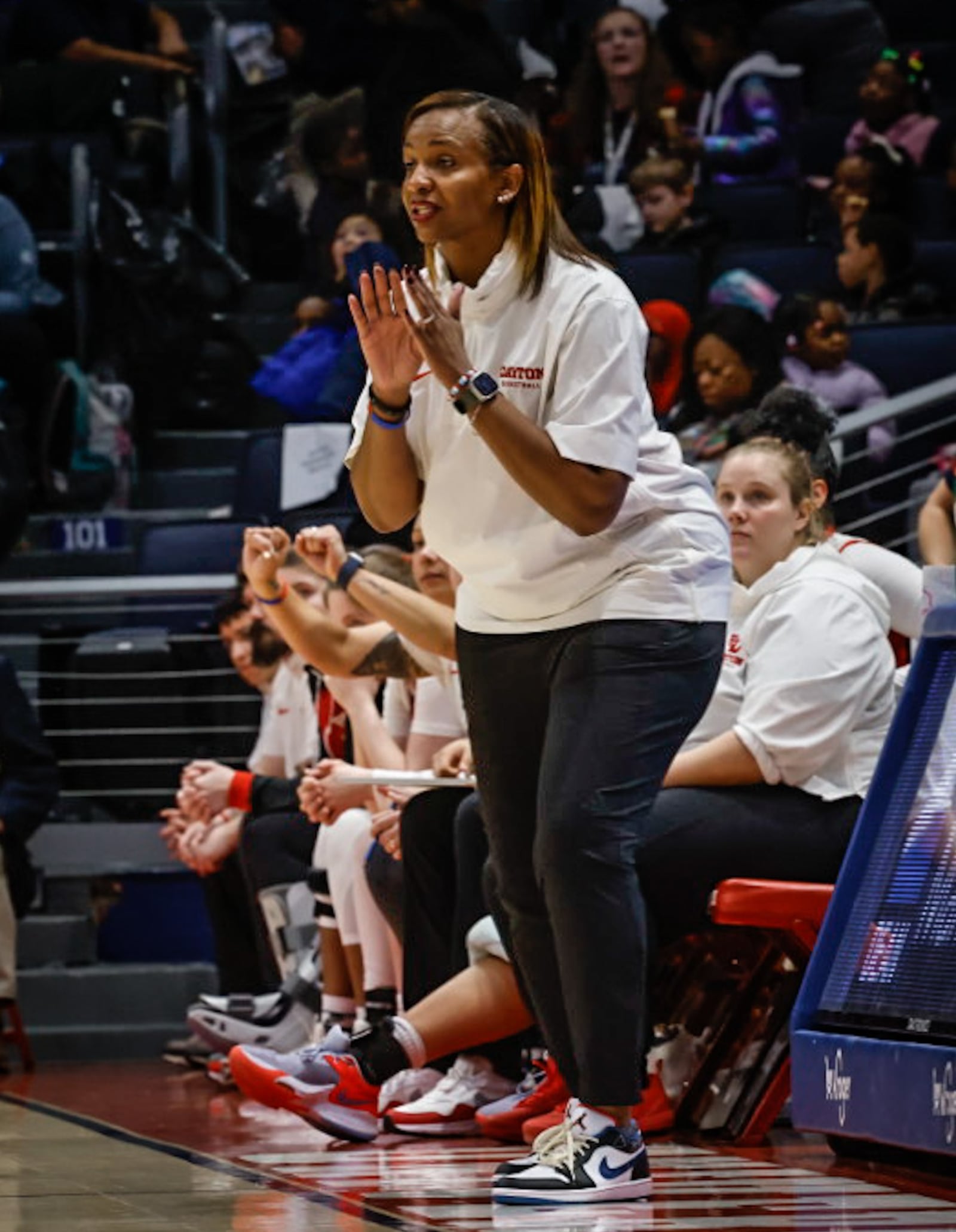 UD Flyer women's head coach Tamika Williams-Jeter on the sidelines against VCU at UD Arena Wednesday January 24, 2024, JIM NOELKER/STAFF