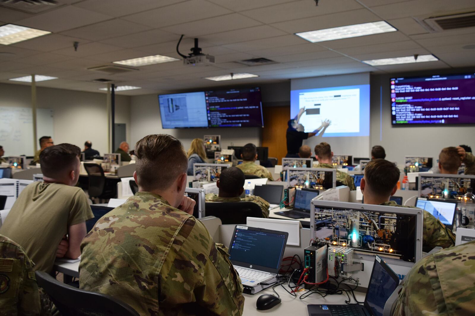 Airmen and Guardians attend the Air Force Institute of Technology’s Civil Engineer School's Advanced Control Systems Cybersecurity course on Wright-Patterson Air Force Base. Air Force photo by Katie Scott