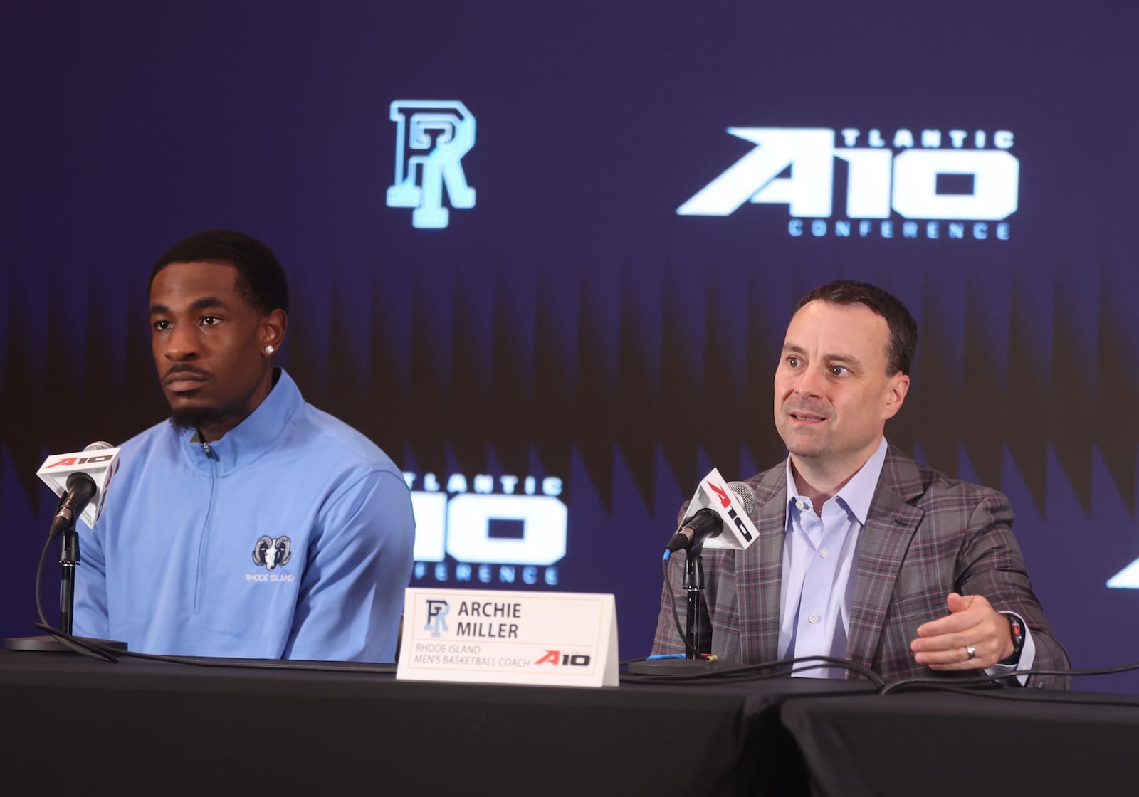 Rhode Island's Archie Miller, right, and David Green speak at Atlantic 10 Conference Media Day on Monday, Oct. 7, 2024, at District E next to Capital One Arena in Washington, D.C. David Jablonski/Staff