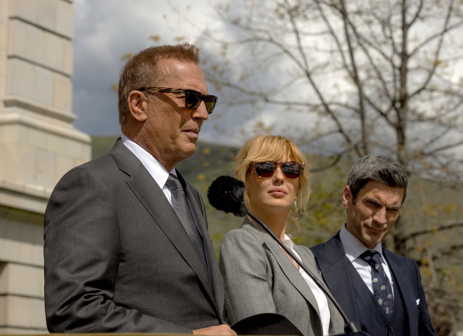 This image released by Paramount Network shows Kevin Costner, from left, Kelly Reilly and Wes Bentley in a scene from "Yellowstone." (Paramount Network via AP)