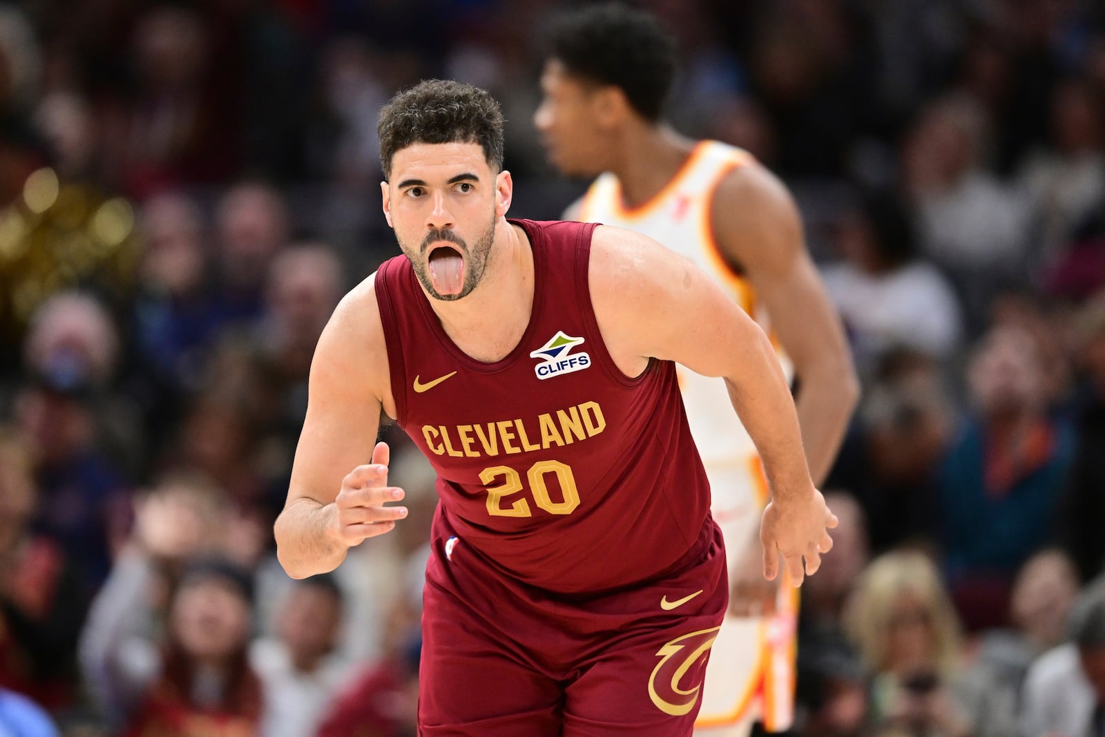 Cleveland Cavaliers forward Georges Niang celebrates after a 3-point basket in the second half of an NBA basketball game against the Atlanta Hawks, Thursday, Jan. 30, 2025, in Cleveland. (AP Photo/David Dermer)