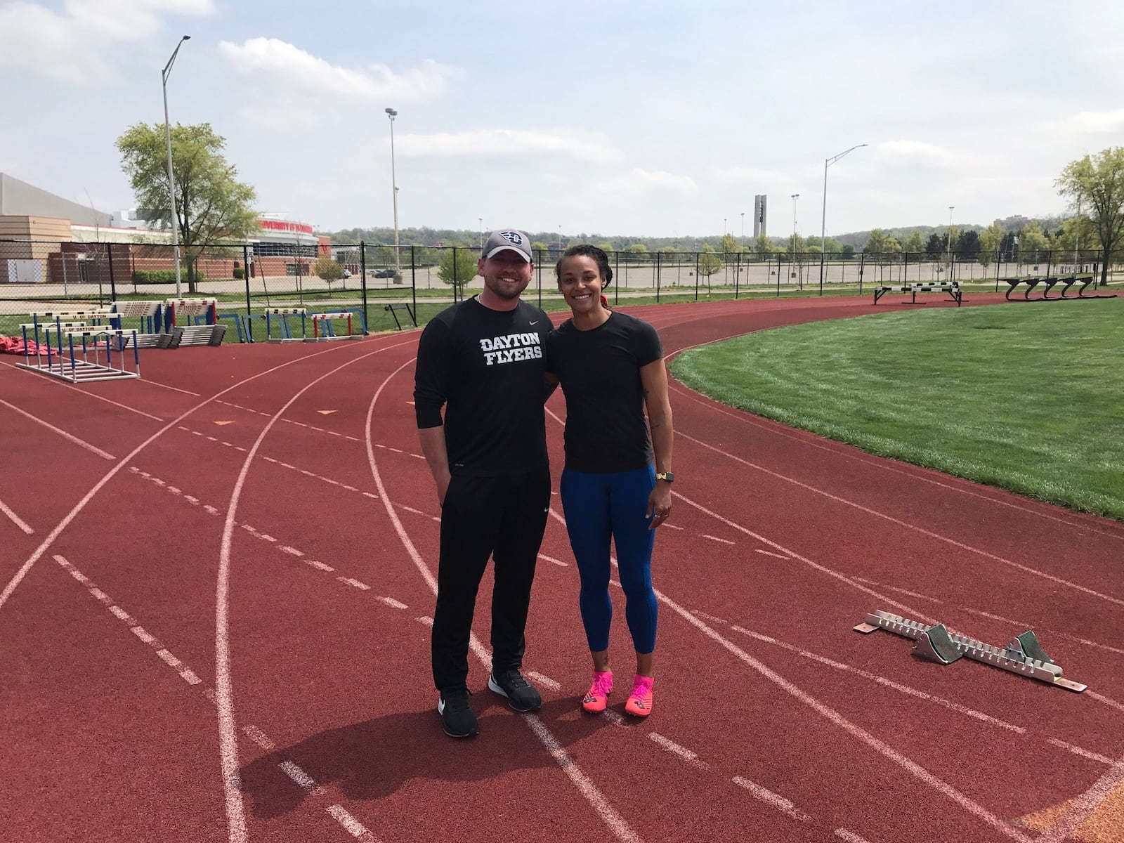 Former Olympian Chantae McMillan, who has switched events from the heptathlon to the javelin throw in an effort to make the U.S. Olympic team headed to the Tokyo Games this summer, with UD throws coach Kevin Gilhuly, who now serves a her personal coach, as well. (Photo by Tom Archdeacon)