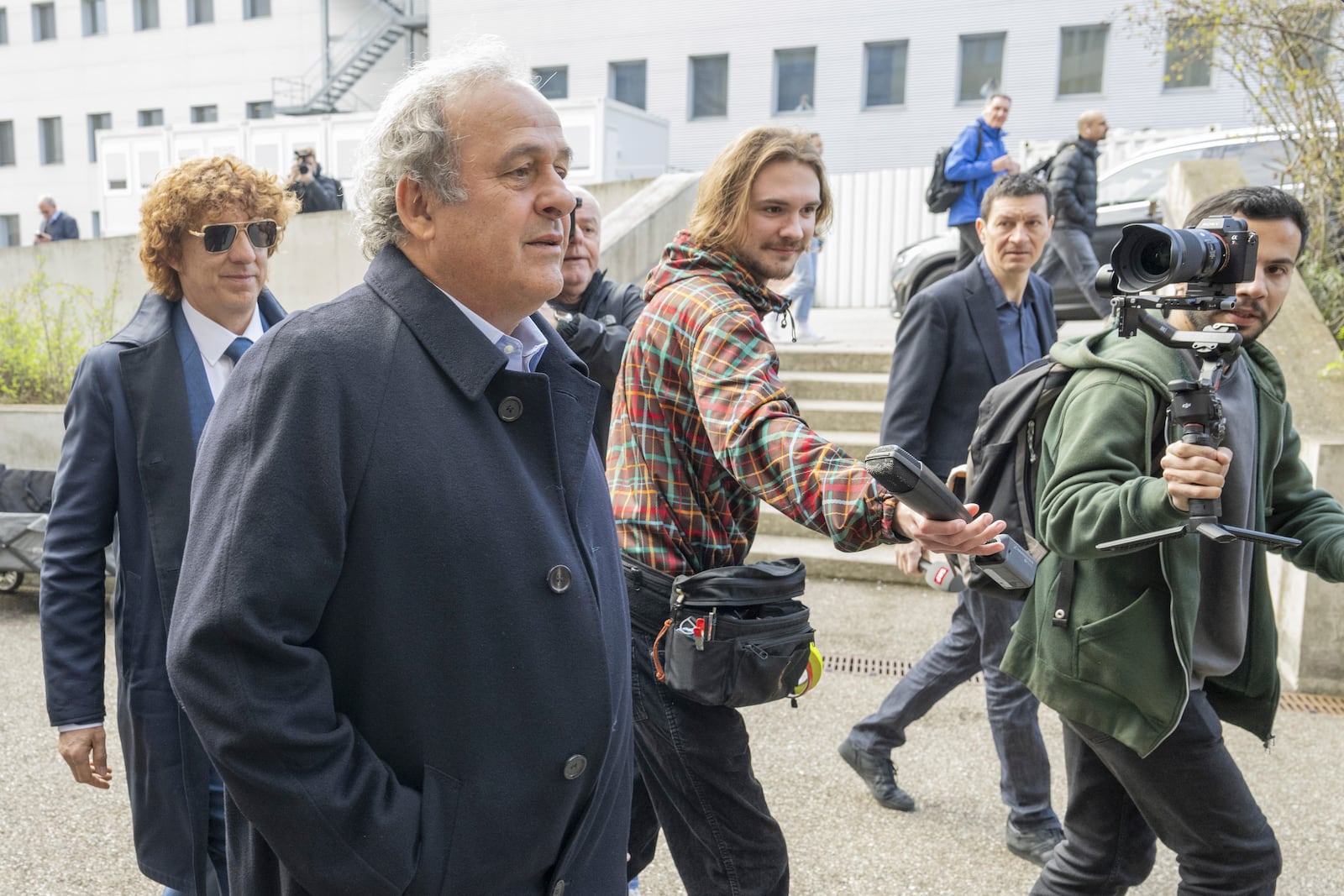 Former UEFA President, Michel Platini, arriving to the verdict at the special appeals court, in Muttenz, Switzerland, Tuesday, March 25, 2025. (Urs Flueeler/Keystone via AP)