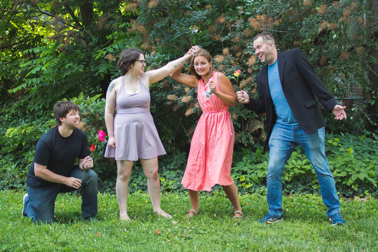 The four young lovers - left to right, Lysander (Chris Petree), Hermia (Mary Beringer), Helena (Maura Piroch) and Demetrius (Benjamin Hedrick) - are reunited after their night being bewitched in the forest Shakespeare in South Park's performance of “A Midsummer Night’s Dream." CONTRIBUTED