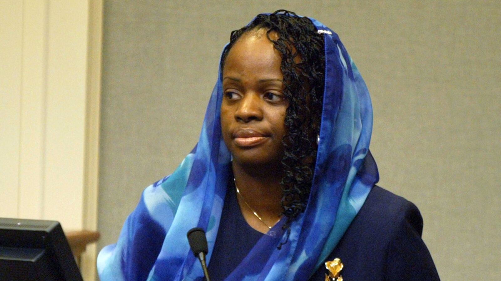 Mildred Muhammad, the former wife of convicted Beltway sniper John Allen Muhammad, is shown during her testimony in the penalty phase of Muhammad's capital murder trial Nov. 19, 2003 in Virginia Beach. John Muhammad, who prosecutors argued killed at least 10 people in a string of random sniper shootings as a cover to kill his ex-wife and regain custody of their children, was ultimate sentenced to death and executed in 2009. His accomplice, Lee Boyd Malvo, is serving life in prison in Virginia.