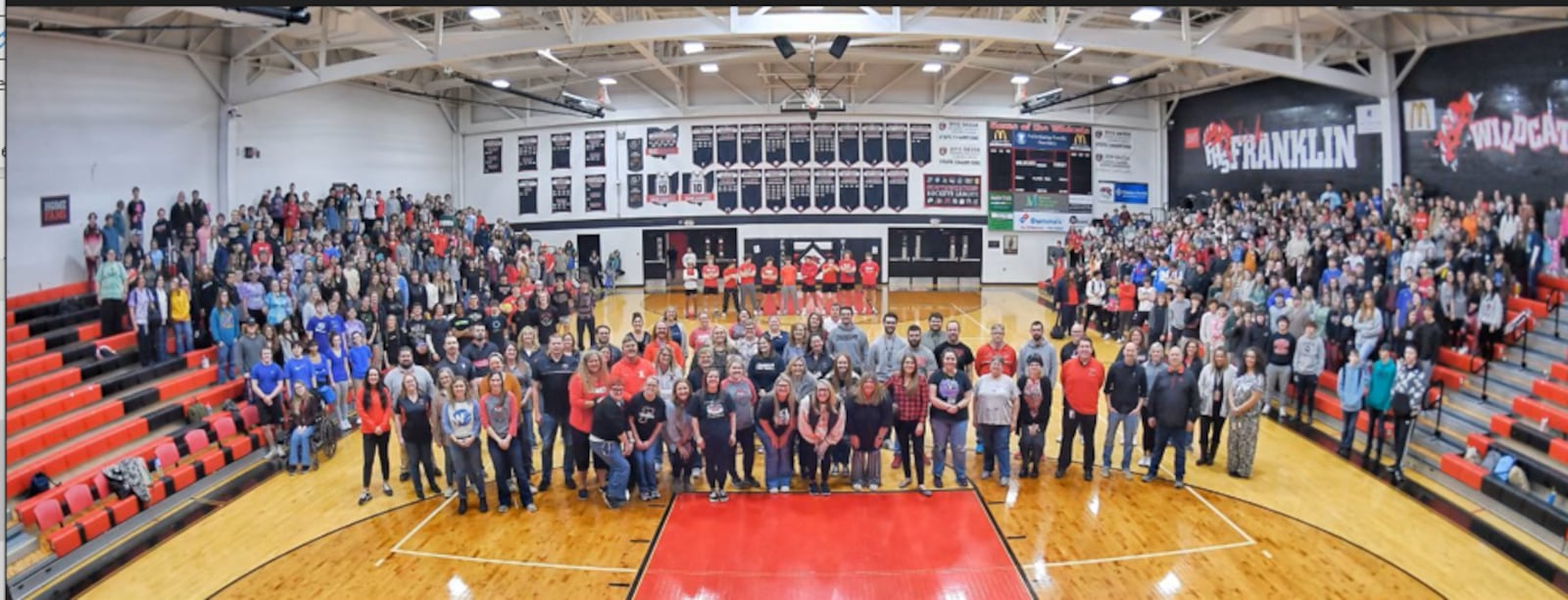 This is a group photo of the student body at the former Franklin High School on Feb. 15, 2024, just minutes before the end of the 55-year-old building's last day as a high school. For the past few weeks, students have been learning remotely and are scheduled to start classes in the new high school starting Monday, March 4, 2024. CONTRIBUTED/FRANKLIN CITY SCHOOLS