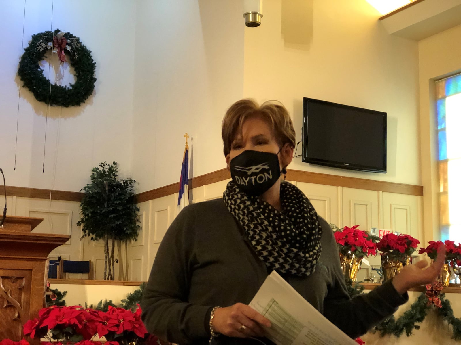 Dayton City Manager Shelley Dickstein speaks at a community meeting Wednesday morning at North Dayton Baptist Church. Dickstein discussed the city's proposed spending plan for $138 million in federal rescue funds. CORNELIUS FROLIK / STAFF