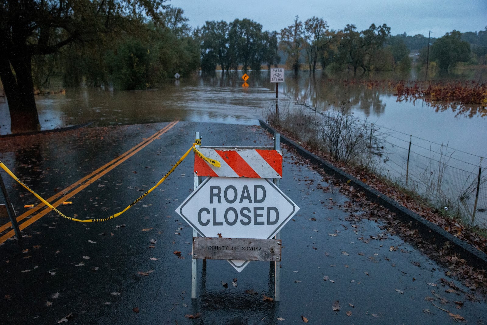 Wohler Road off River Road is closed off as the Russian River floods in Sonoma County, Calif., on Friday, Nov. 22, 2024. (Santiago Mejia/San Francisco Chronicle via AP)