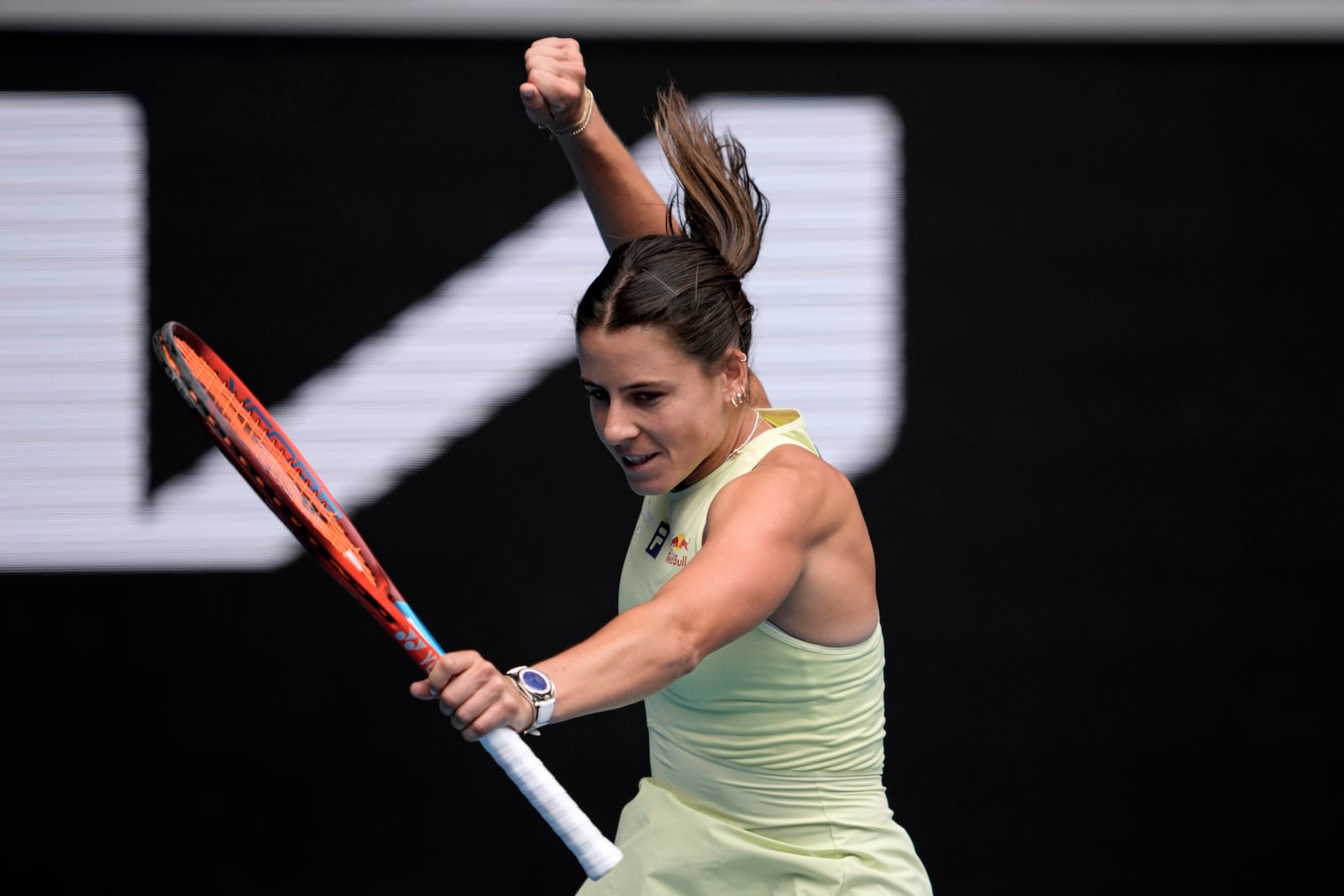 Emma Navarro of the U.S. celebrates after defeating Wang Xiyu of China during their second round match at the Australian Open tennis championship in Melbourne, Australia, Thursday, Jan. 16, 2025. (AP Photo/Ng Han Guan)