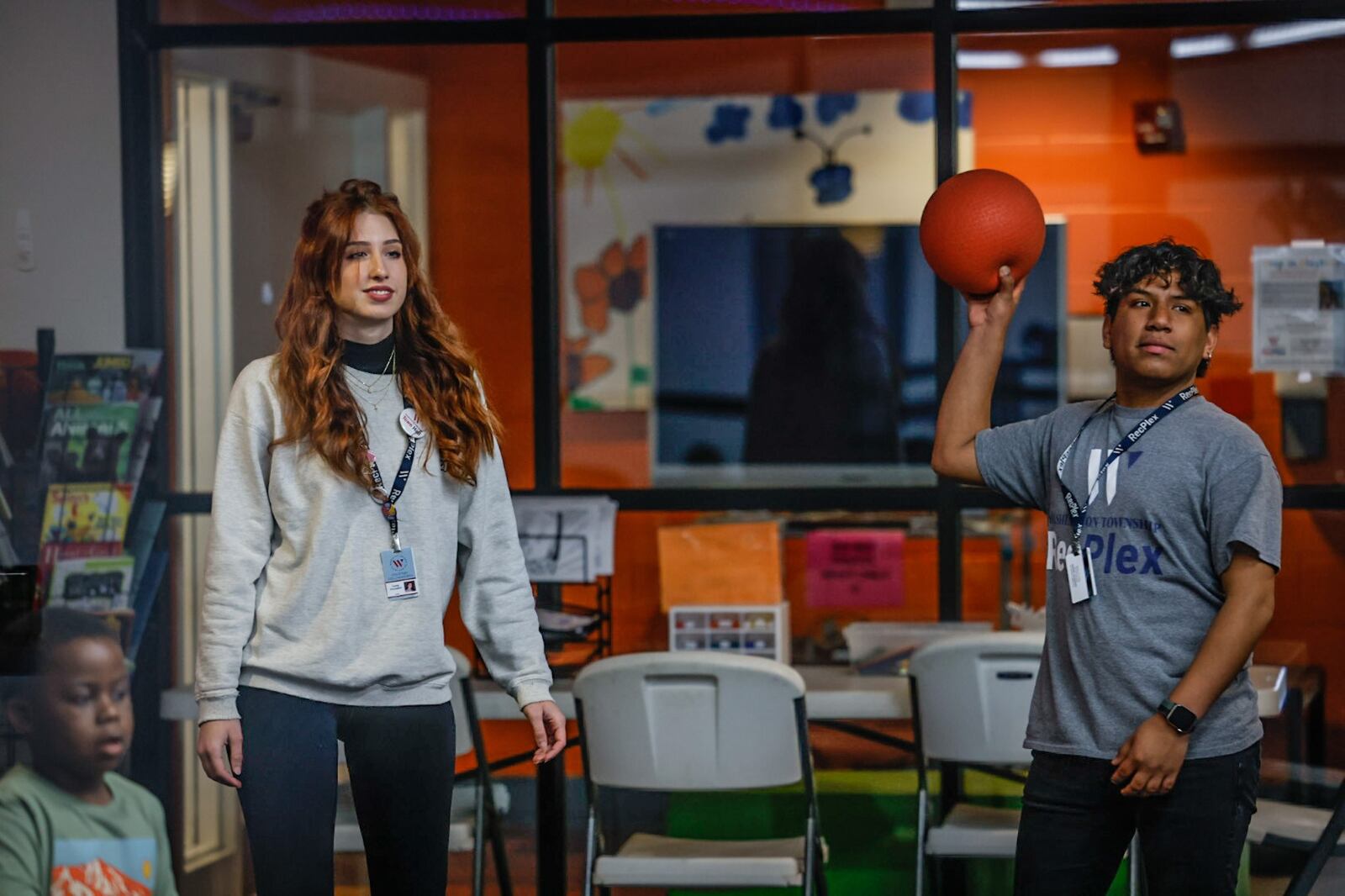 Washington Twp. Centerville RecPlex employees, Courtney Collinsworth, left, and Carter Mitrovich teach an after-school program at the center Monday, Jan. 9, 2023. Washington Twp. will have a levy on the May 2 ballot to help fund the community's recreation department. JIM NOELKER/STAFF