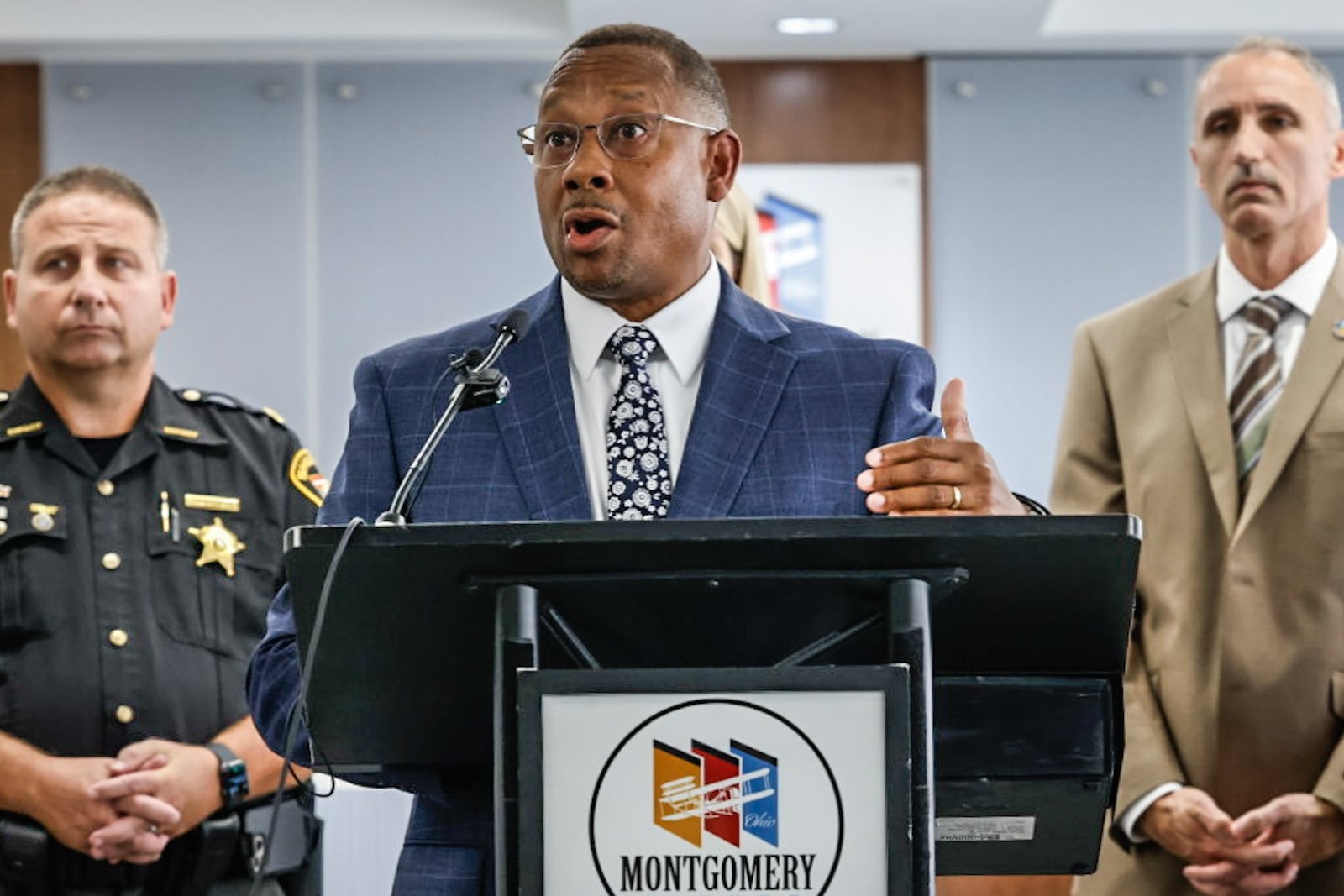 Montgomery County Administer Michael Colbert reveals to the public Friday Sept. 22, 2023, the county's plan to renovate the county jail at a press conference at the administration building.  JIM NOELKER/STAFF