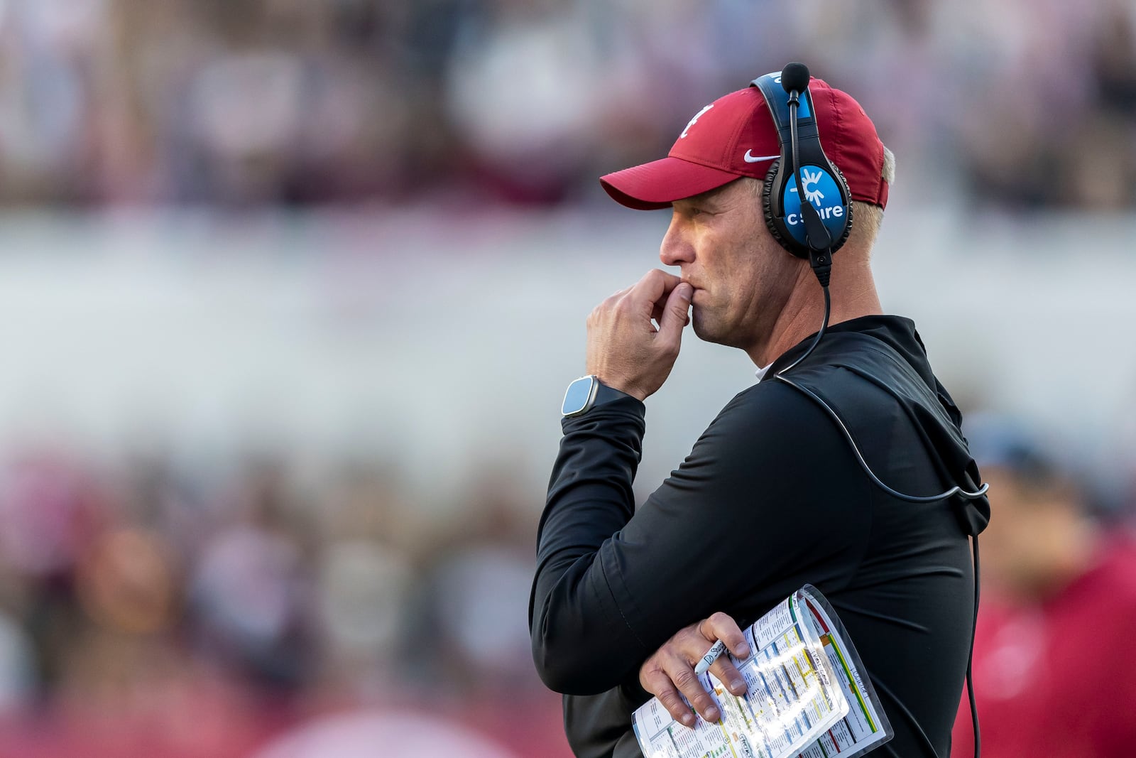 Alabama head coach Kalen DeBoer looks on during the first half an NCAA college football game against Auburn, Saturday, Nov. 30, 2024, in Tuscaloosa, Ala. (AP Photo/Vasha Hunt)