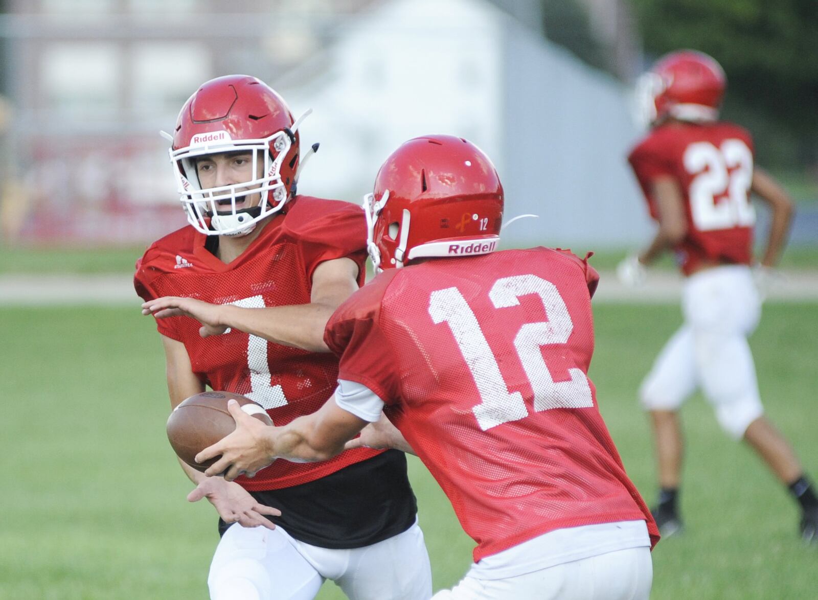 Milton-Union returning senior RB Dalton Hetzler (left) at preseason practice on Monday, Aug. 13, 2018. MARC PENDLETON / STAFF