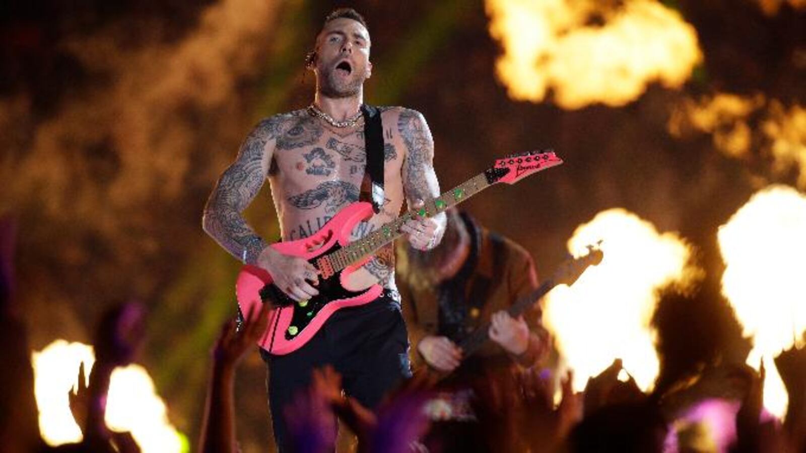 Adam Levine of Maroon 5 performs during halftime of the NFL Super Bowl 53 football game between the Los Angeles Rams and the New England Patriots on Feb. 3, 2019, in Atlanta.