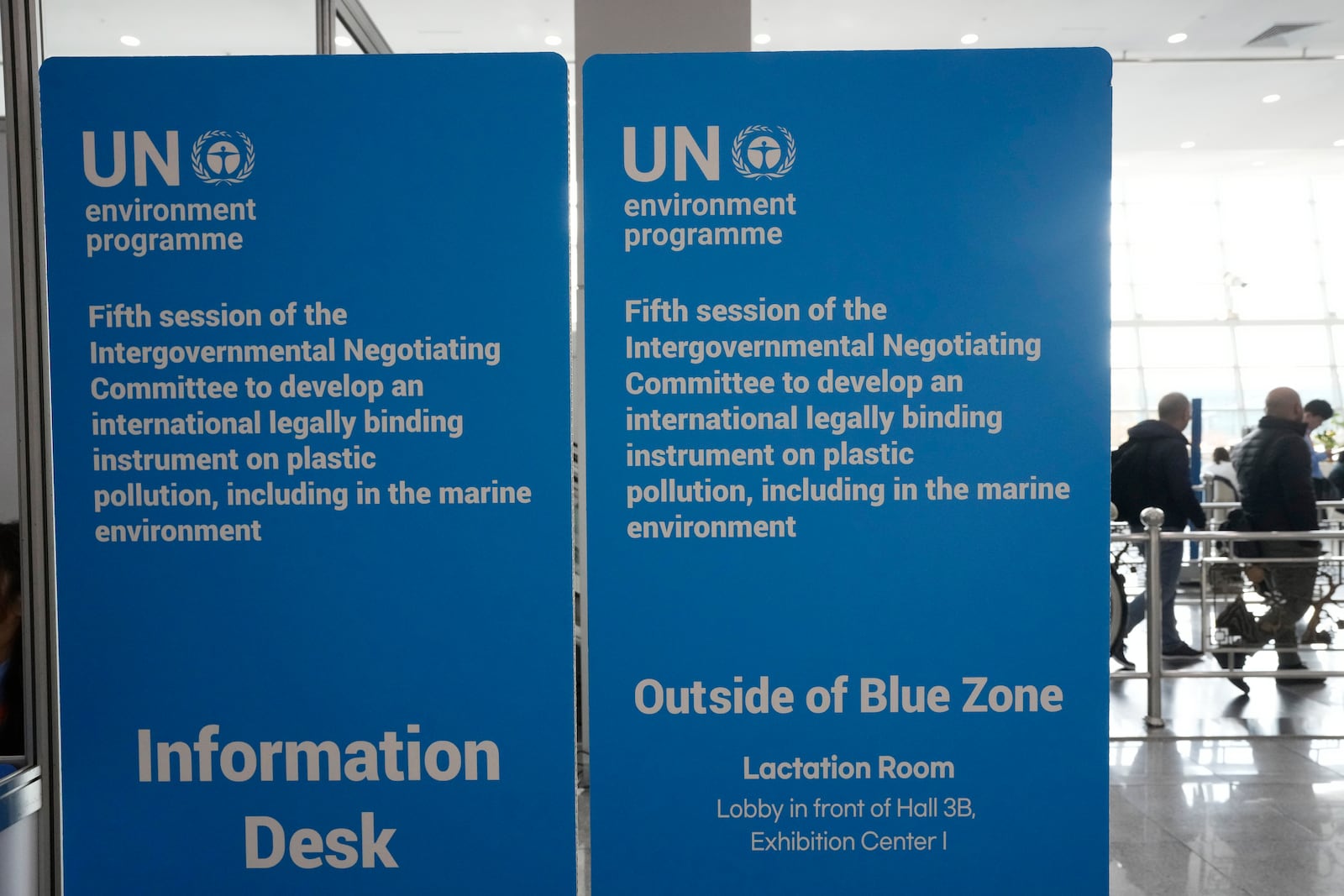 Signboards are displayed at the venue for the fifth session of the Intergovernmental Negotiating Committee on Plastic Pollution in Busan, South Korea, Friday, Nov. 29, 2024. (AP Photo/Ahn Young-joon)