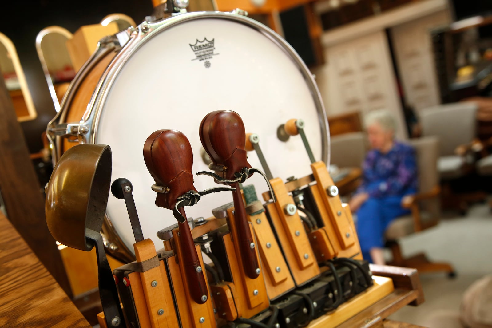 Mike Barnhart of Riverside designed a 6-foot-tall band organ. Inside are 228 pipes that create the sounds of tubas, trumpets, violins an flutes. Pictured on the outsidea snare drum, a bell and castanets. Barnhart and his wife, Liz, will bring their organ to the 43rd Annual Band Organ Rally at Carillon Historical Park on July 21 and 22. LISA POWELL / STAFF