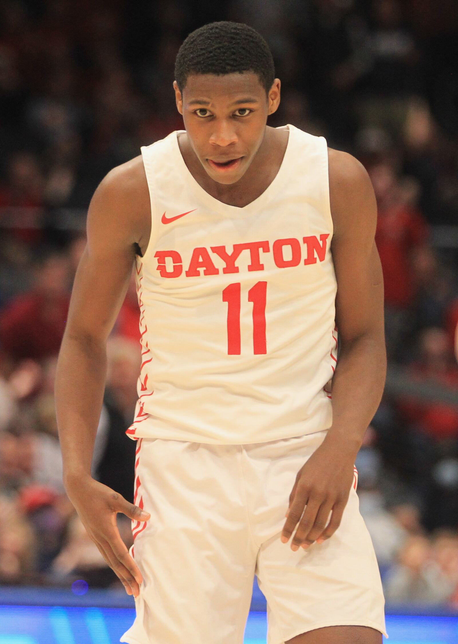 Dayton's Malachi Smith reacts after a basket against Saint Louis on Tuesday, Jan. 11, 2022, at UD Arena. David Jablonski/Staff