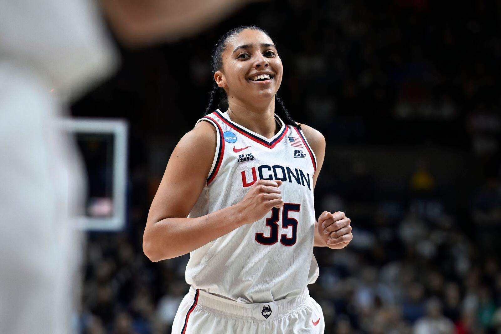 UConn guard Azzi Fudd (35) smiles after making a basket during the first half against Arkansas State in the first round of the NCAA college basketball tournament, Saturday, March 22, 2025, in Storrs, Conn. (AP Photo/Jessica Hill)