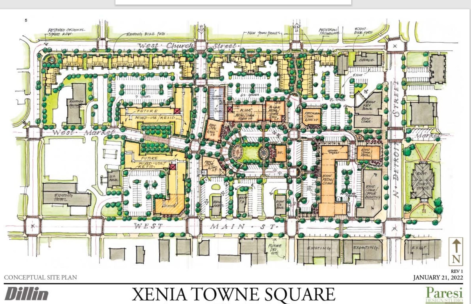 A map rendering shows the full scale of the Xenia Towne Square revitalization.