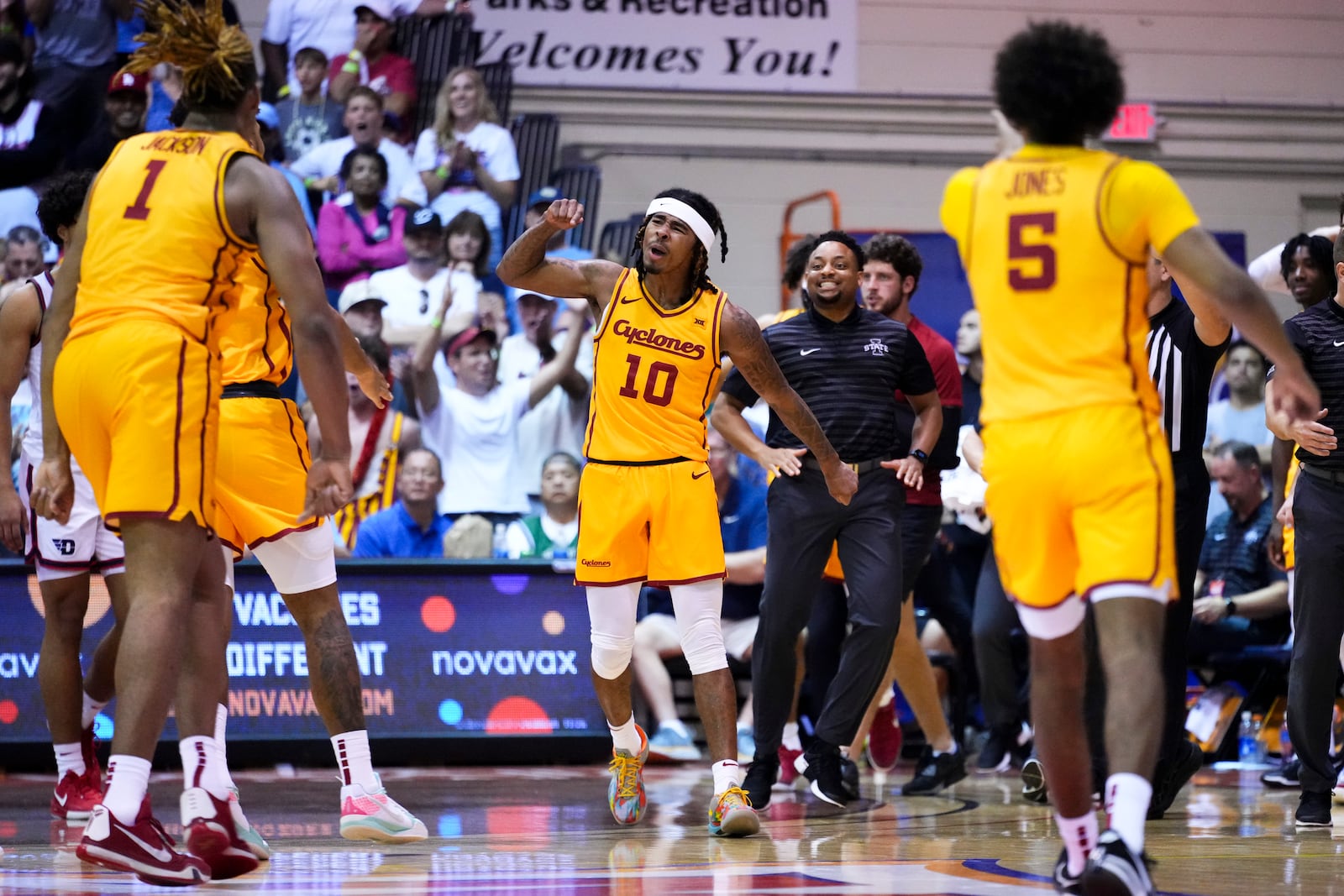 Iowa State guard Keshon Gilbert (10) reacts to scoring against Dayton during the second half of an NCAA college basketball game at the Maui Invitational Tuesday, Nov. 26, 2024, in Lahaina, Hawaii. Iowa State won 89-84. (AP Photo/Lindsey Wasson)