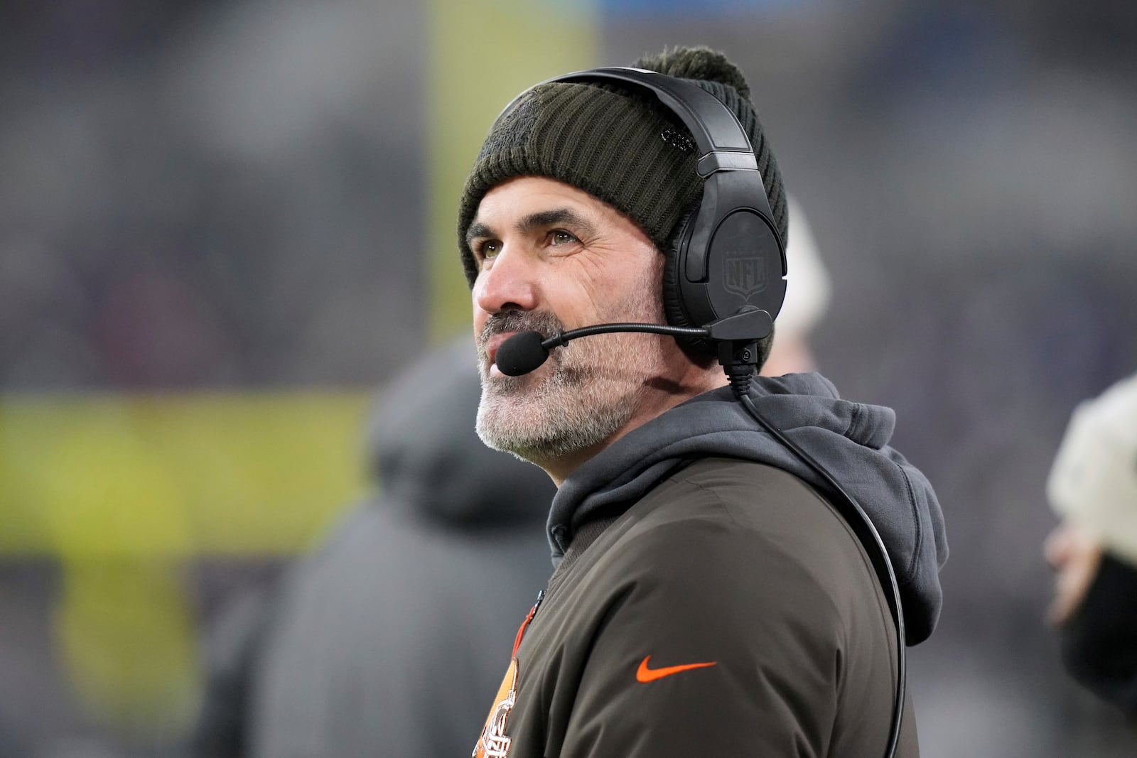 Cleveland Browns head coach Kevin Stefanski watches from the sidelines during the first half of an NFL football game against the Baltimore Ravens Saturday, Jan. 4, 2025, in Baltimore. (AP Photo/Stephanie Scarbrough)