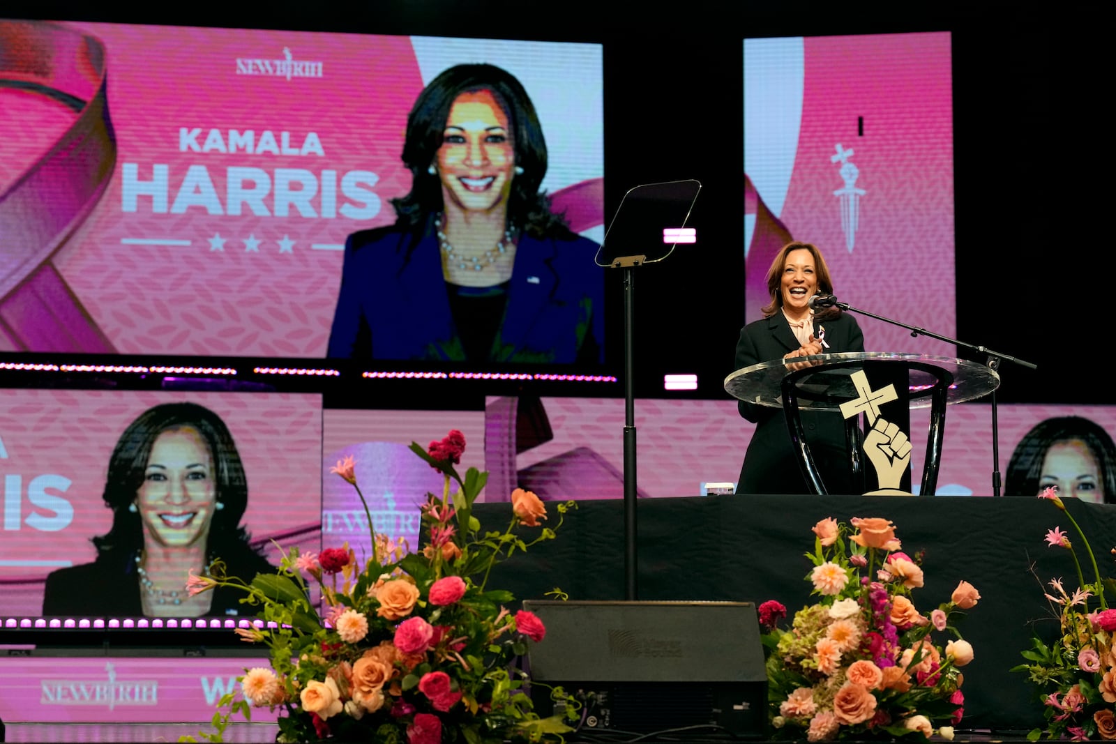 Democratic presidential nominee Vice President Kamala Harris attends a church service New Birth Baptist Church in Stonecrest, Ga., Sunday, Oct. 20, 2024. (AP Photo/Jacquelyn Martin)