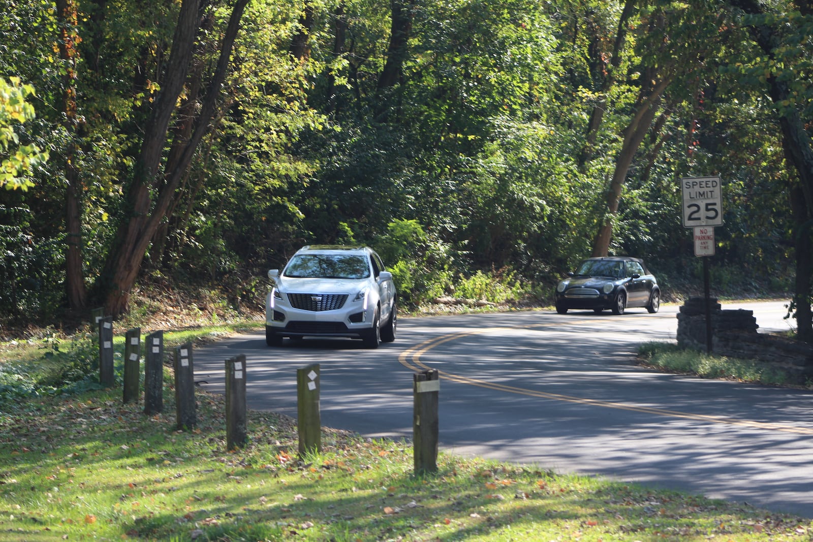 Automobiles drive in a wooded area near Hills & Dales MetroPark in Kettering. Deer sometimes wander onto the roadway in this area. CORNELIUS FROLIK / STAFF