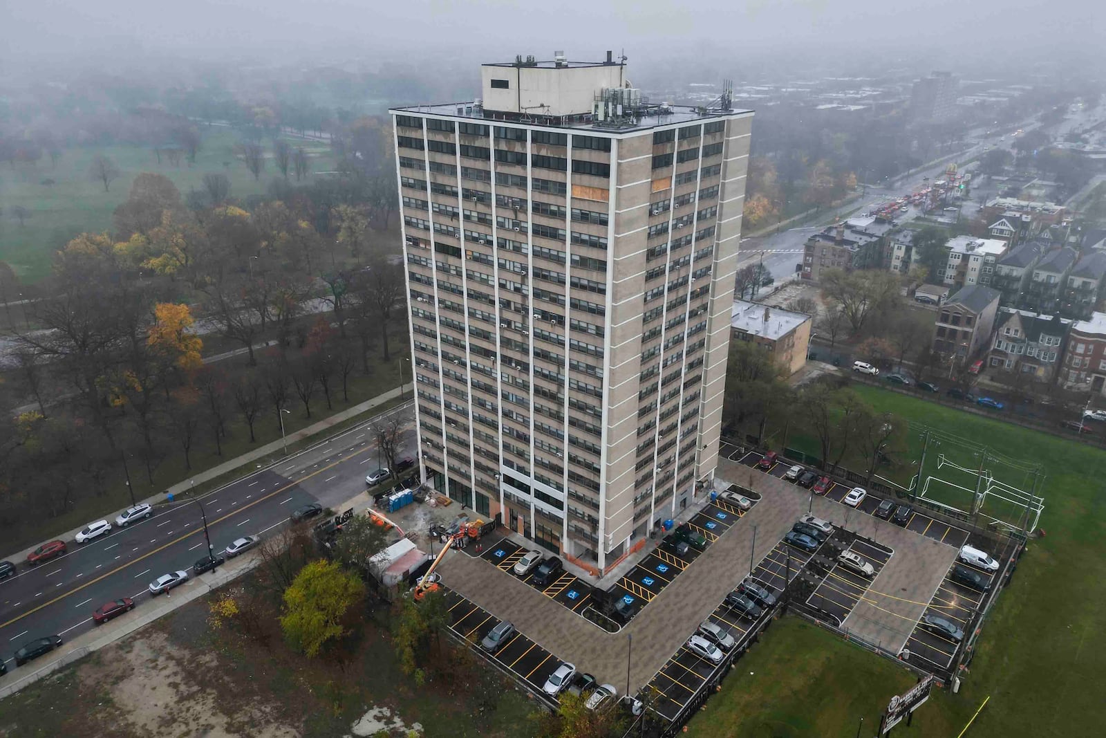 Renovations, including those with funding from the U.S. Department of Housing and Urban Development, are underway at the Island Terrace Apartments, Monday, Nov. 18, 2024, in Chicago. (AP Photo/Erin Hooley)