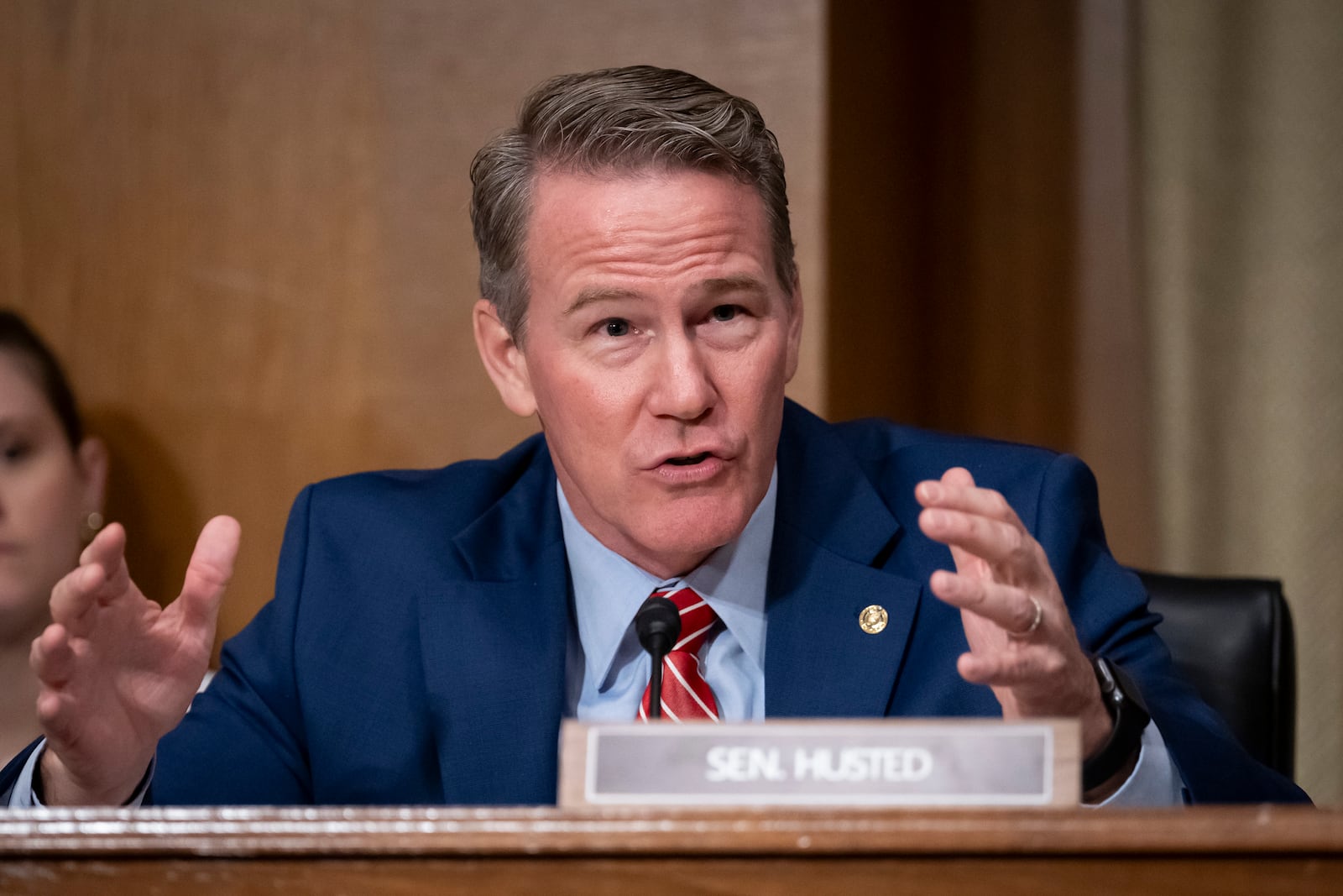 Sen. Jon Husted, R-Ohio, speaks during the confirmation hearing of Dr. Jay Bhattacharya, President Donald Trump's choice to be Director of the National Institutes of Health, before the Senate Health, Education, Labor, and Pensions Committee, at Capitol Hill in Washington, Wednesday, March 5, 2025. (AP Photo/Ben Curtis)