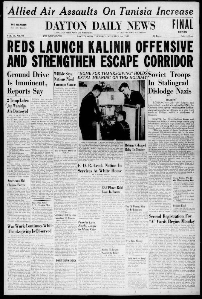 Thanksgiving Day front pages from the Dayton Daily News archives