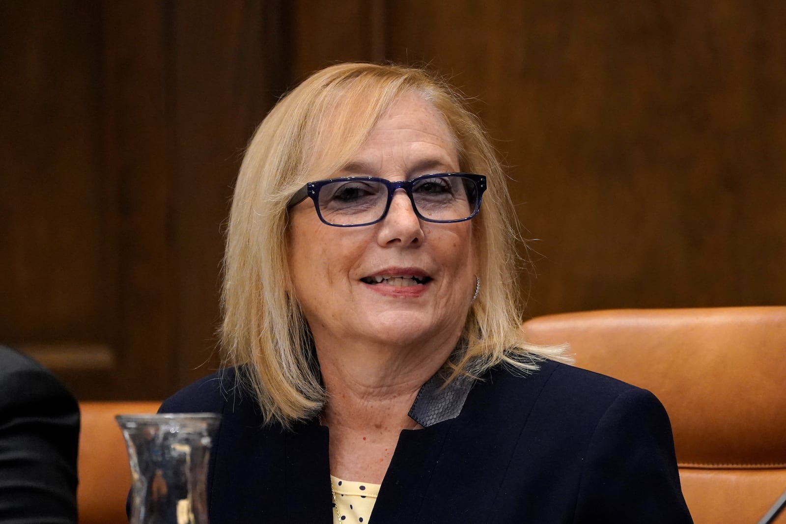 FILE - Denise Ilitch, who is on the University of Michigan Board of Regents, is seen during a meeting, Wednesday, July 13, 2022, in Ann Arbor, Mich. (AP Photo/Carlos Osorio, File)