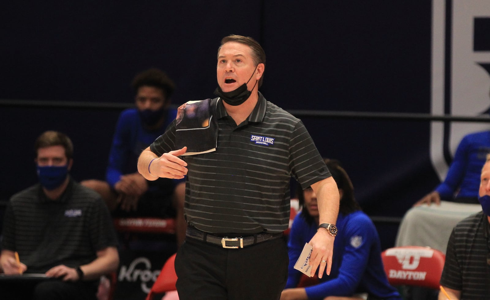 Travis Ford, of Saint Louis, coaches during a game against Dayton on Friday, Feb. 19, 2021, at UD Arena. David Jablonski/Staff