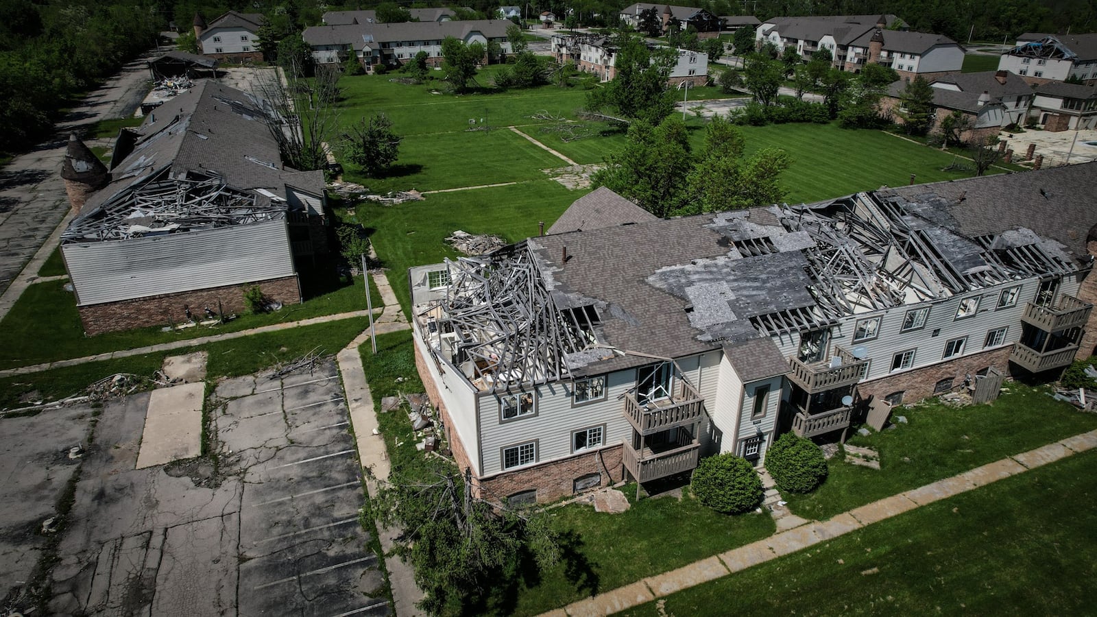 In May 2022, three years after the 2019 Memorial Day tornadoes, the Woodland Hills apartment complex in Trotwood stands vacant and silent. JIM NOELKER/STAFF