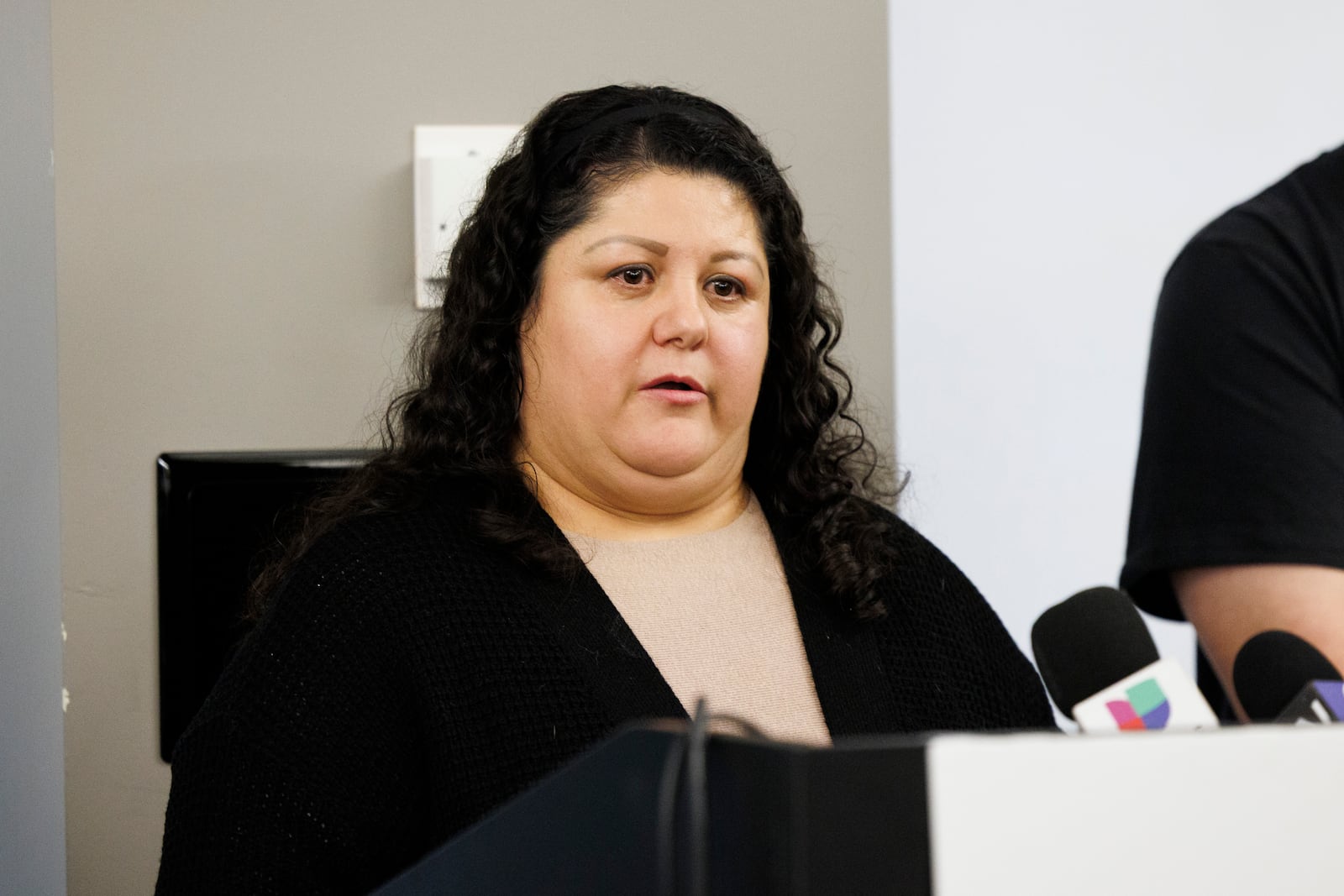 Yolanda Orozco speaks about the arrest of her husband, Abel Orozco, during a press conference to announce a court action to prevent unlawful arrests the at the offices of the National Immigrant Justice Center Monday, March 17, 2025, in Chicago. (Anthony Vazquez/Chicago Sun-Times via AP)