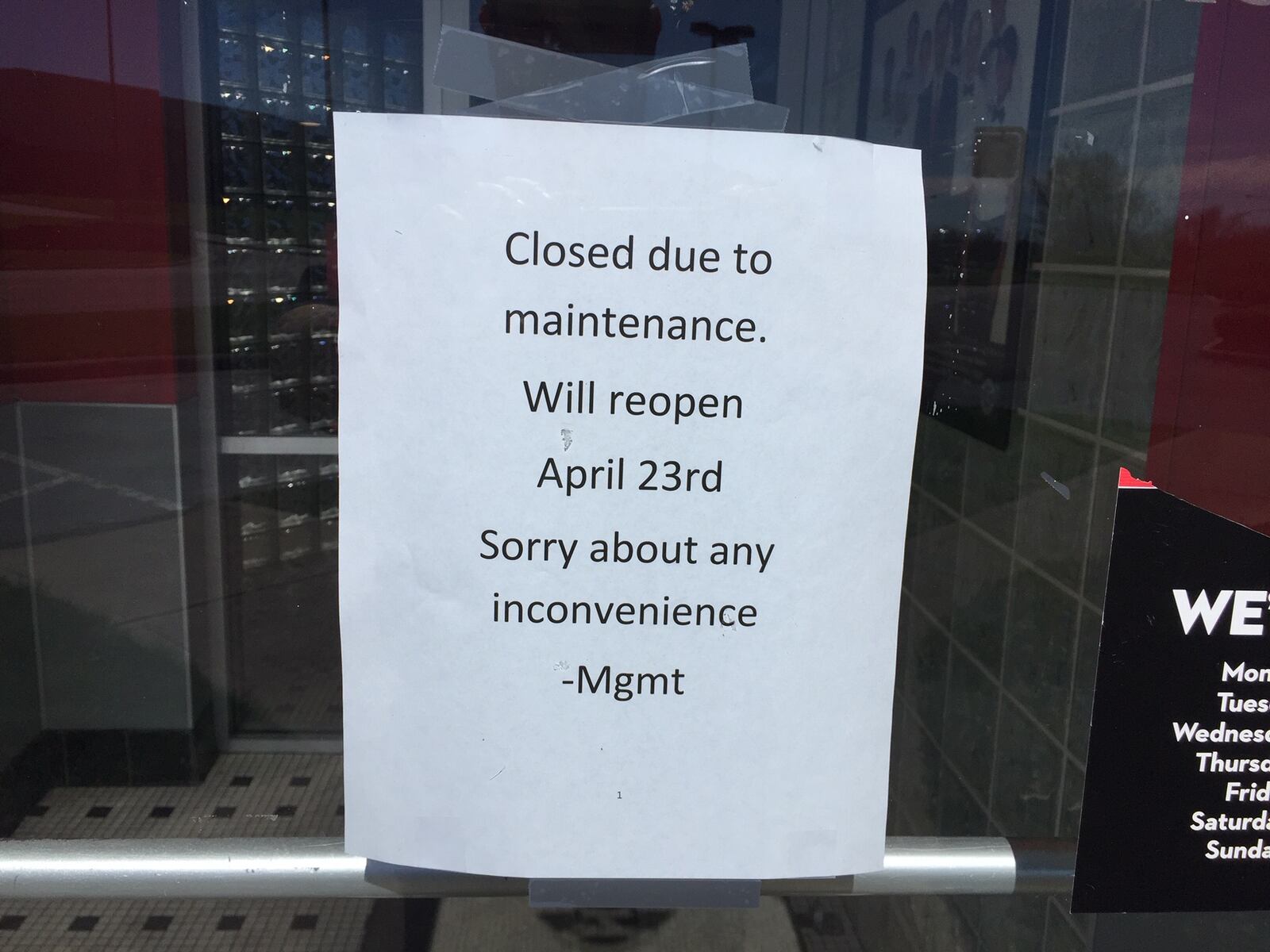 The sign on the door of the Steak ‘n Shake restaurant in Middletown says its closed for maintenance until April 23. However, the Middletown City Board of Health has suspended the food service license for the Steak ‘n Shake restaurant, 3107 Towne Blvd. for repeated violations. The two-week suspension expires April 23 but will require written permission to reopen. ED RICHTER/STAFF