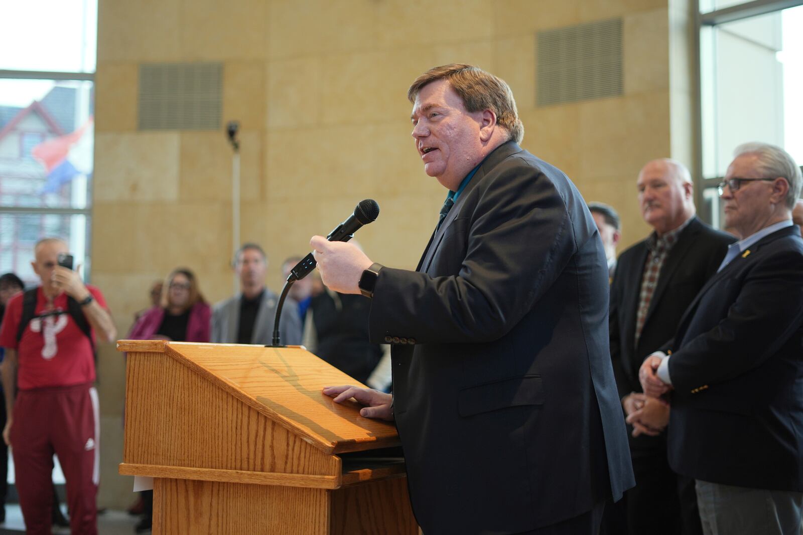 Lamont McClure, Democratic Northampton County Executive, speaks during an event announcing his campaign to run for the Pennsylvania's 7th Congressional District, in Easton, Pa., Thursday, Feb. 27, 2025. (AP Photo/Matt Rourke)