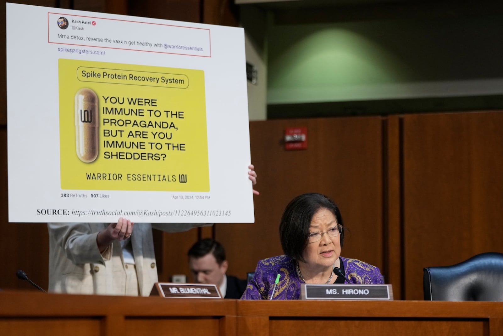 Sen. Mazie Hirono, D-Hawaii, speaks during a confirmation hearing before the Senate Judiciary Committee for Kash Patel, President Donald Trump's choice to be director of the FBI, at the Capitol in Washington, Thursday, Jan. 30, 2025. (AP Photo/Ben Curtis)